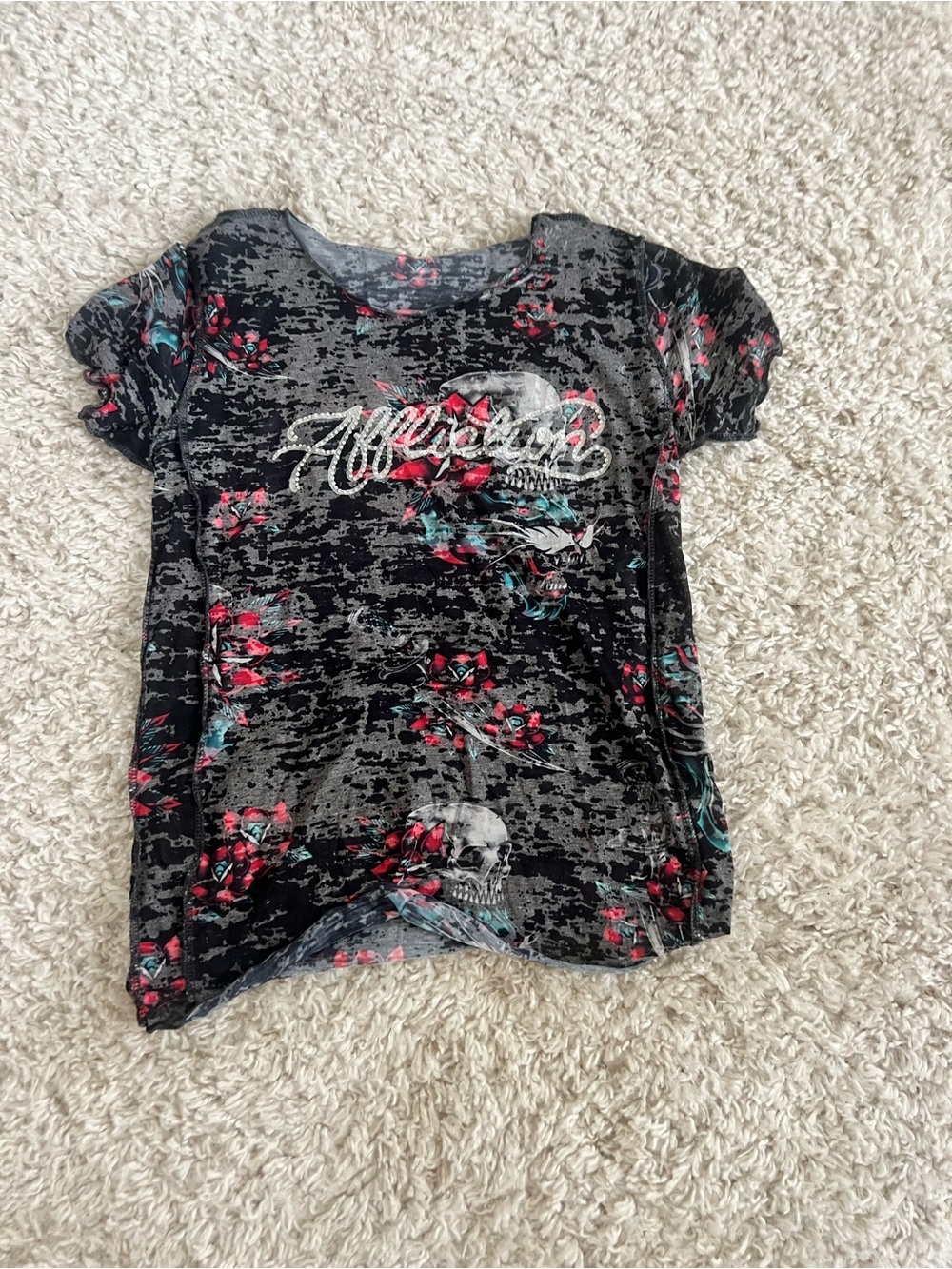 Girls Black Floral Skull Graphic Short Sleeve Tee